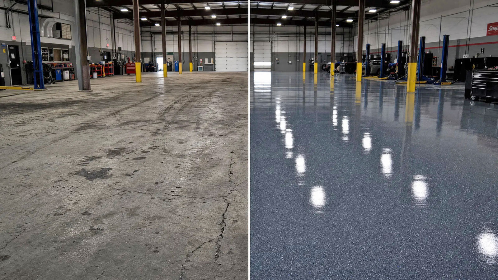 Commercial floor coating before and after — auto shop in Pflugerville TX