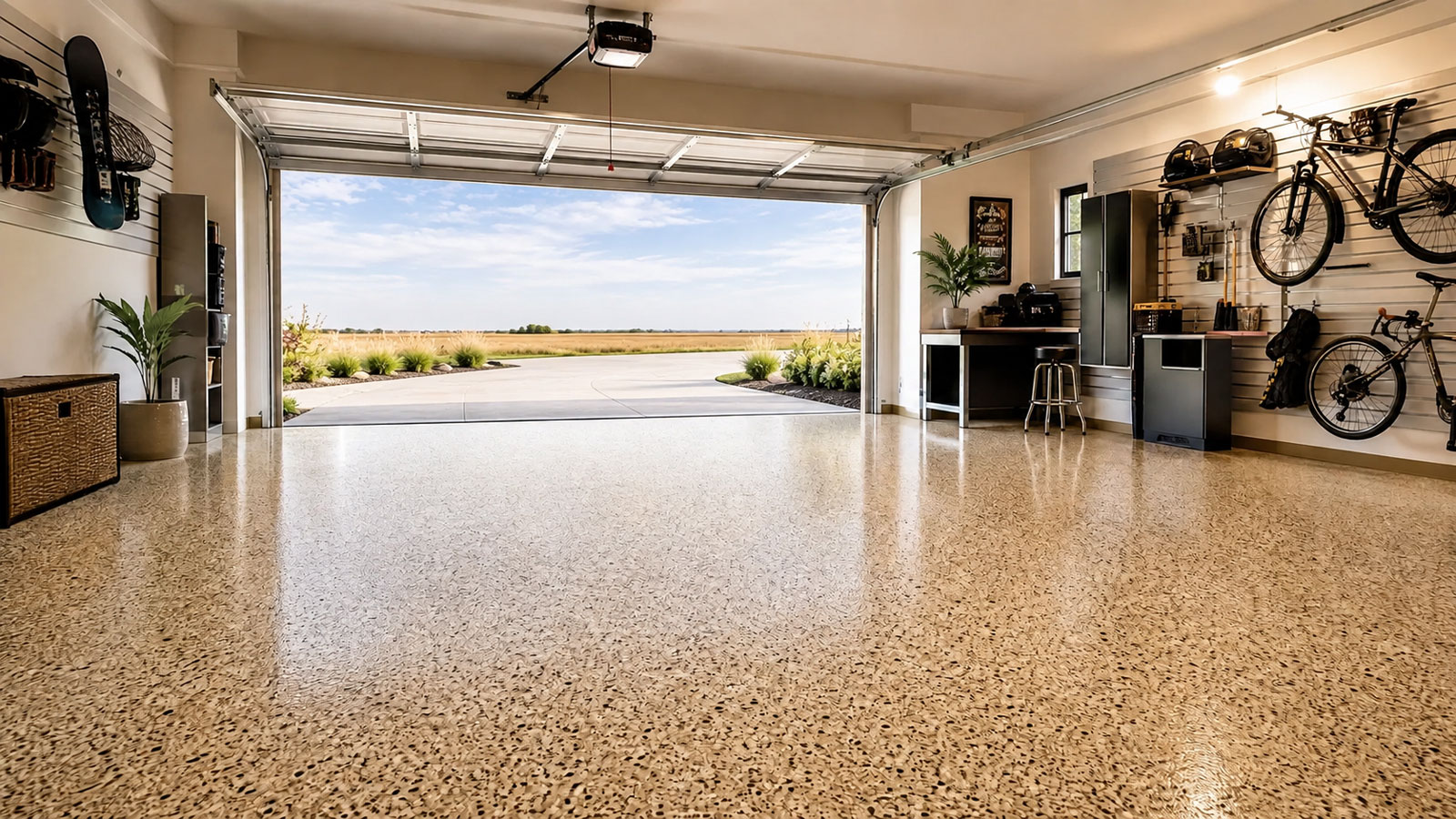 Residential garage with a professionally installed decorative flake floor coating